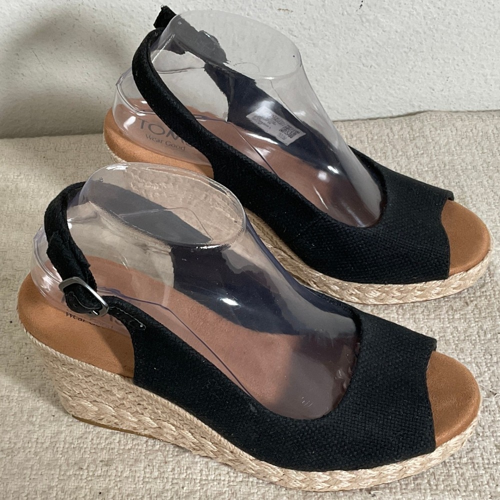 TOMS Black Canvas Peep Toe Espadrille Wedge Slingback Sandals 10022387 Womens 8 - Picture 12 of 14